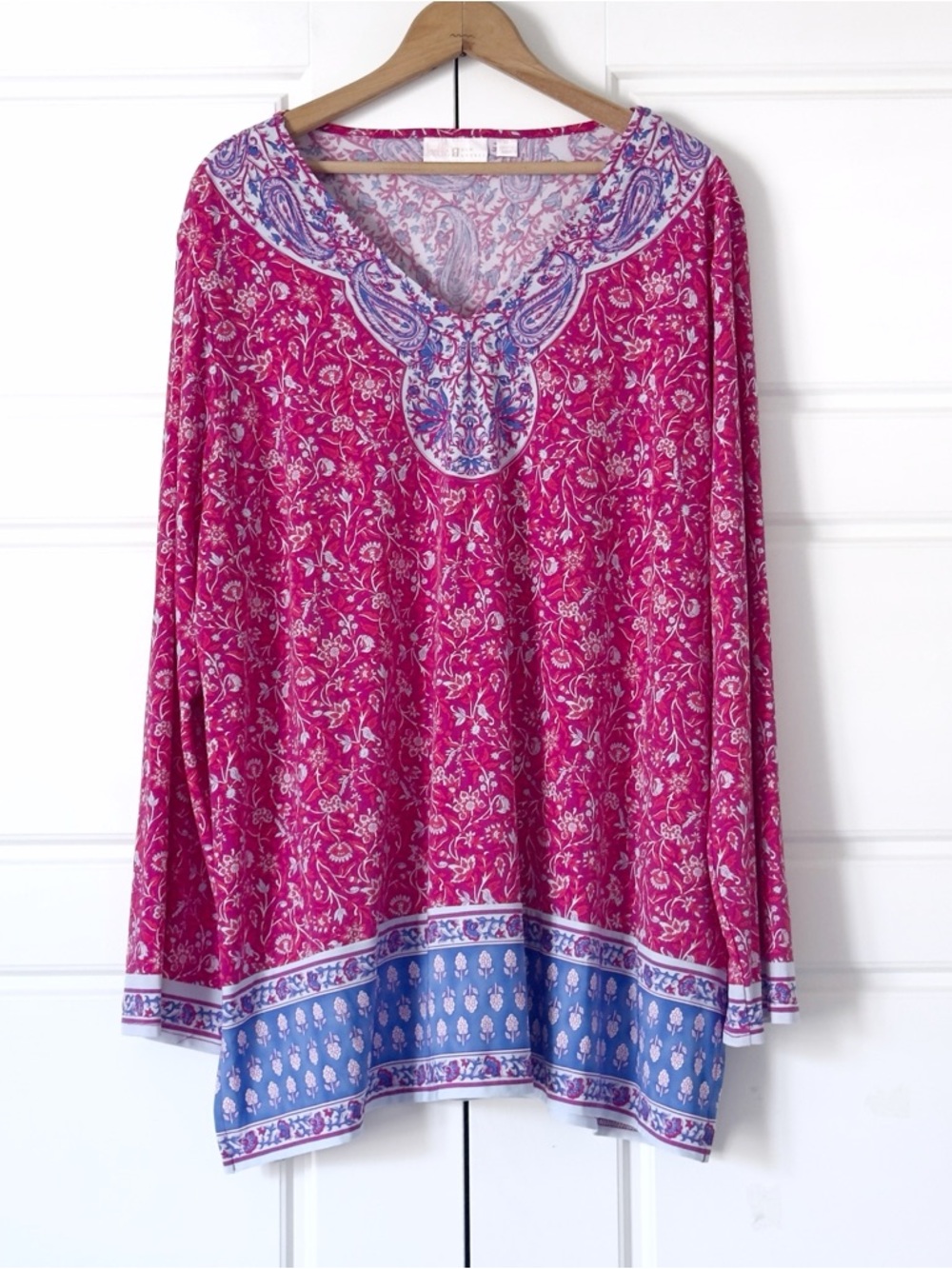 Belle Kim Gravel Floral Tunic Top Womens XL Pink Blue Stretch Flowy Oversized